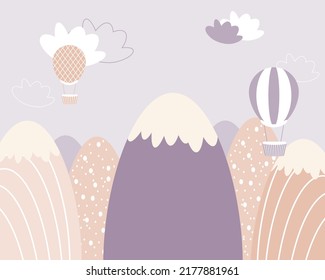 Children`s hand drawn color mountain illustration with aerostat in scandinavian style. Mountain landscape and clouds. Kids wallpaper. Mountainscape, baby room design, wall decor. Hot air balloon