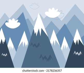 Children`s hand drawn color mountain illustration in scandinavian style. Mountain landscape vector illustration