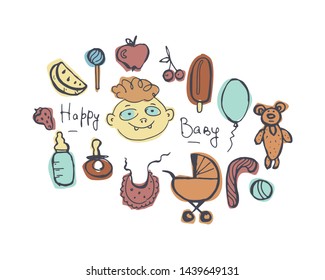 Children's hand drawn doodle set. Baby, pram, nipple, bottle, bib, toys, sweets. Color vector isolated illustration on white.
