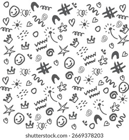 Children's hand drawn doodles background. Ink drawing with kids style. Sun, stars, flares, heart, rainbow, flower,  Vector illustration isolated on white background