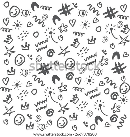 Children's hand drawn doodles background. Ink drawing with kids style. Sun, stars, flares, heart, rainbow, flower,  Vector illustration isolated on white background