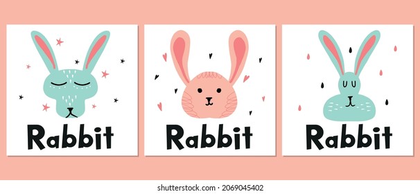 Childrens hand drawn set poster with rabbits. Rabbit posters for the nursery
