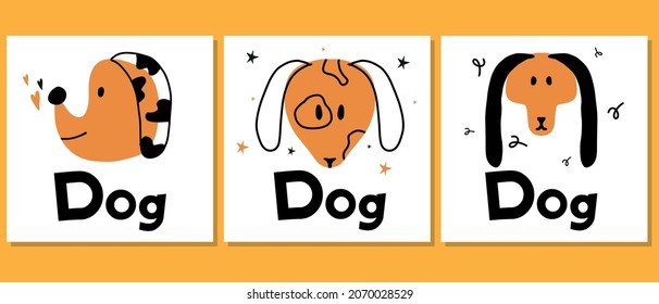 Childrens hand drawn set of posters with dogs. Set of posters with cute dogs for the nursery.