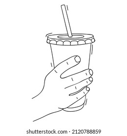 Children's Hand Holding Large Paper Cup With Soda And Straw. Unhealthy Food. Soft Drink. Sketch, Linear Drawing. Vector Illustration Isolated On White Background