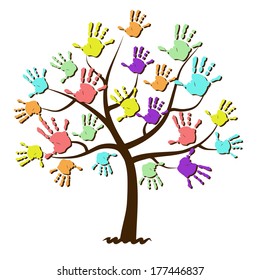 Children's hand prints united in tree