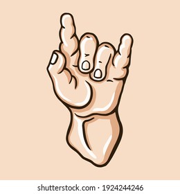 Children's hand shows fingers the symbol of rock music. The palm of a newborn. 