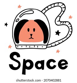  Childrens hand-drawn illustration of an astronaut dog. A dog in a spacesuit in space. The illustration is suitable for prints, cards, posters.