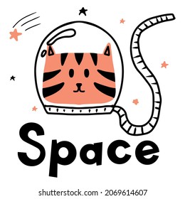 Childrens hand-drawn illustration of cat astronaut. A cat in spacesuit in space. The illustration is suitable for prints, cards, posters.