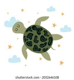 Childrens hand-drawn illustration of cute turtle. Turtle flying across the sky with clouds and stars. The illustration is suitable for posters, postcards. prints.