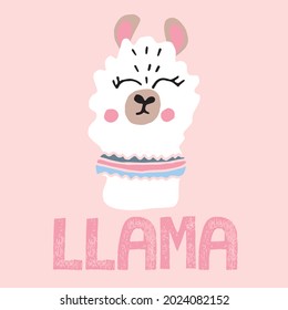 Children's hand-drawn illustration with a llama. Cute scandinavian style llama head. The illustration is suitable for postcards, prints, textiles.