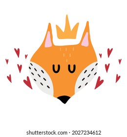Children's hand-drawn illustration of a red fox. Fox face with crown and hearts. Illustration for postcards and prints.