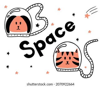 Childrens hand-drawn poster with a cat and dog astronaut. Pets astronauts in space.
