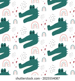 Children's hand-drawn seamless pattern with a crocodile. Crocodile, rainbow and hearts pattern. Pattern for prints, cards, fabrics.