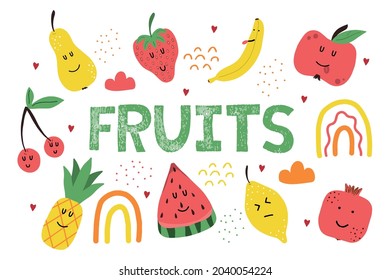 Children's hand-drawn set of fruit icons. Bright icons of fruits in kawaii style. Suitable for prints, cards, posters.