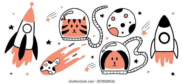 Children's hand-drawn set of space elements. Dog and cat astronaut. Set for the nursery.