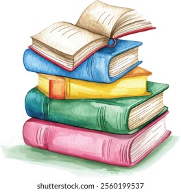 Children's Hand-Drawn Watercolor Illustration of a Colorful Stack of Books with One Open