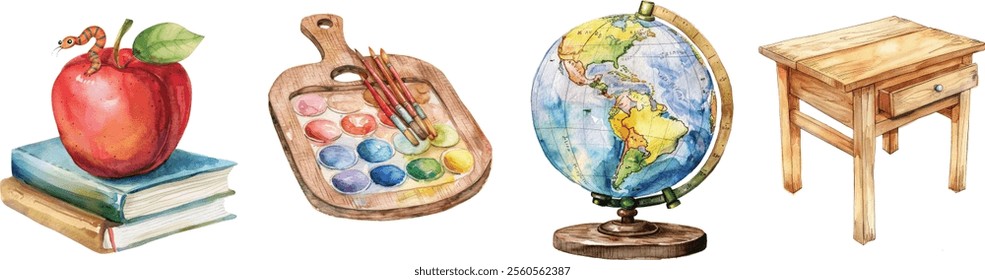 Children's Hand-Drawn Watercolor Illustration of a Wooden School Desk, Drawing Palette, World Globe, and Red Apple on a Book