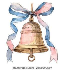 Children's Hand-Drawn Watercolor School Bell Illustration with Ribbons on White Background

