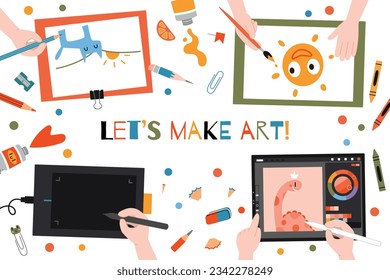 Childrens hands at art class, digital painting and hand drawing, top view, cartoon style. Flatlay with Art supplies. Trendy modern vector illustration isolated on white background, flat design