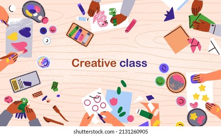 Childrens Hands At Art And Craft Class, Painting, Drawing, Making Paper Origami At Desk, Top View. Creative Kids Lesson Background With Brushes, Pencils, Paints. Colored Flat Vector Illustration