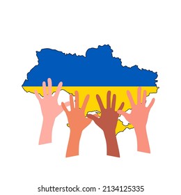 Children's hands are in the background of the map of Ukraine. Peace concept. Vector illustration