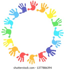 Children's hands, circle,  kid handprint, baby palms, watercolor. Round frame on a white background. 16 hand print in rainbow colors.