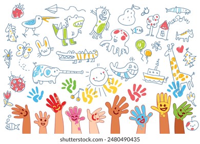 Childrens hands up with colorful paint. Boys and girls drawing pictures scribbles. Set of baby doodles. Kid handprint. Colorful cartoon character. Funny vector illustration. Isolated white background