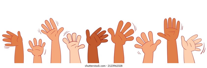 Childrens hands of different nationality. Concept diversity and inclusion. Group of multi ethnic friends. Cartoon characters. Funny vector illustration. Isolated on white background