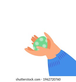 Children's hands hold out a green Easter egg decorated with flowers. Orthodox Easter. Christ is risen! Flat vector illustration.