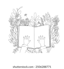 Children's Hands Holding a Book with Foliage. illustration of children's hands holding a book, surrounded by foliage. Ideal for children's literature, education