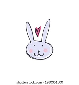 Children's handwriting. Cute funny rabbit boy face. Funny doodle animal. Little bunny in nursery cartoon style. Good for posters, cards, clothes and stationery