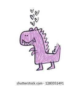 Children's handwriting. Funny doodle cute kind girl dinosaur in love. Baby stylish art, nursery wallpaper