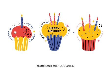 Children's Happy Birthday Colorful Horizontal Banner. Bday Cake With Candles. Cupcake, Muffin. Holiday Greeting Card. Hand Drawn Vector Illustration In Scandinavian Style For Children's Festivity