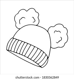 Children's hat warm winter clothes. warm knitted hat with ponpon winter doodles isolated on white background drawn by line. antistress coloring.