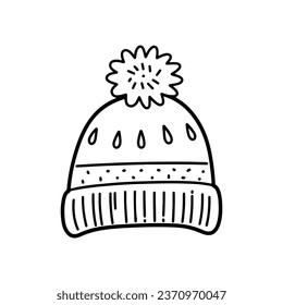 Children's hat warm winter clothes. warm knitted hat with ponpon pompom with scandinavian pattern winter doodles isolated on white background drawn by line. antistress coloring. 