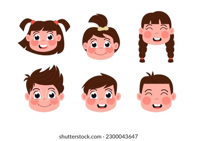 Children's heads of happy boys and girls flat style