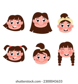 Children's heads of happy girls character flat style