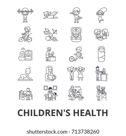 Children's health, kids, eating healthy, doctor, playing, happy, nursery line icons. Editable strokes. Flat design vector illustration symbol concept. Linear isolated signs