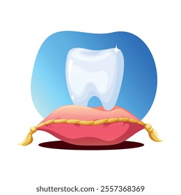 Children's healthy shiny tooth on a velvet red cushion with gold tassels. Children's vector illustration on the topic of baby teeth, changing teeth, children's dentistry and oral hygiene.