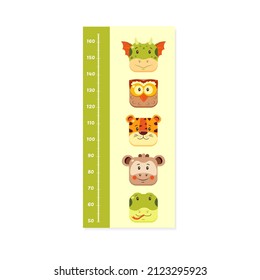 Children's height meter with a ruler in centimeters with cartoon muzzles of animals. Vector children's illustration of a measuring wall sticker with cute characters.