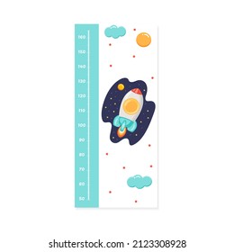 Children's height meter with a ruler in centimeters with a cartoon rocket in space.