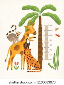 Children's height wall chart in centimeters decorated with tropical palm tree, jungle plants and funny cartoon exotic animals. Colorful vector illustration in flat style for kids growth measurement