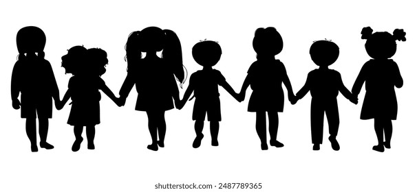 Childrens holding hands silhouette. Children friendship. Back view horizontal illustration