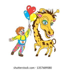 Children's holiday. Clown and giraffe.