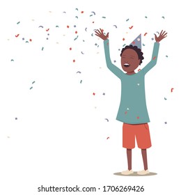 
Children's holiday. Confetti. Fashionable african american boy in birthday hat laughing. Cartoon illustration, vector.