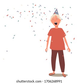 Children's holiday. Confetti. Fashionable blond boy in a birthday hat laughing. Cartoon illustration, vector.