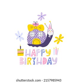Children's holiday illustration with snail and lettering. Happy birthday. Fashion print for kids clothes