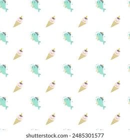 Patrón de vacaciones para niños con confeti y lindo animal. Invitación de cumpleaños infantil y fondo sin fisuras de la celebración. Personaje lindo con cuernos de unicornio diseño imprimible para papel de embalaje, postca