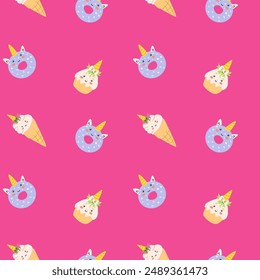 Childrens holiday pattern with confetti and cute animal. Childish birthday invitation and celebration seamless background. Cute character with unicorn horns printable design for wrapping paper, postca