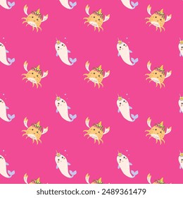 Childrens holiday pattern with confetti and cute animal. Childish birthday invitation and celebration seamless background. Cute character with unicorn horns printable design for wrapping paper, postca
